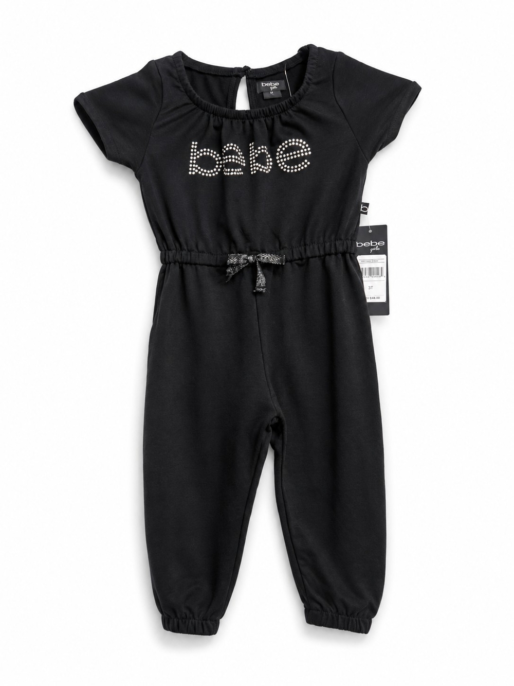 bebe Black Short-Sleeve Logo Footie with Tie Waist